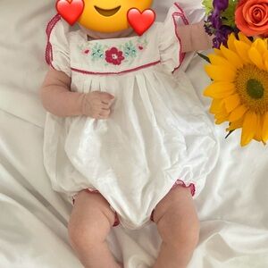 Janie and Jack White Embroidered Romper with Pink Trim